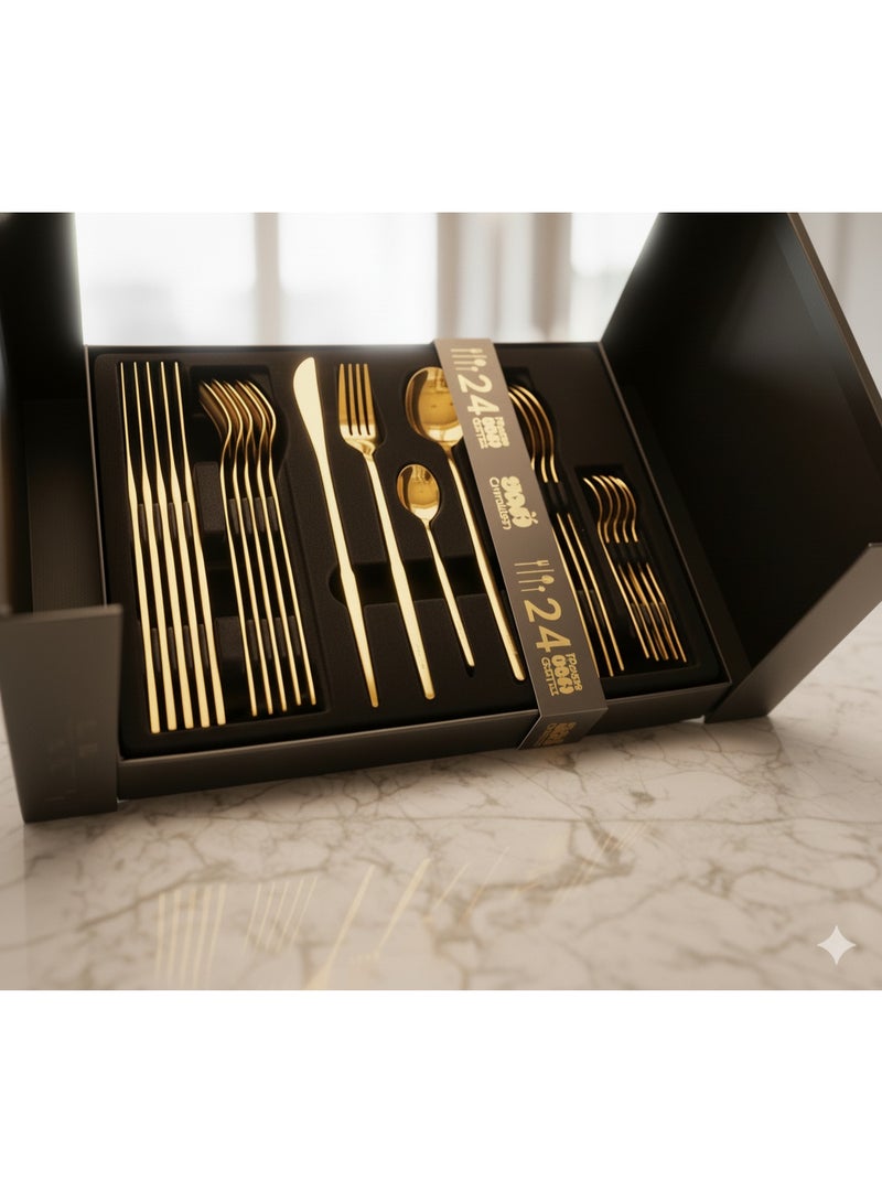 YAH Creation YAH Luxury 24-Piece Golden Stainless Steel Modern Cutlery Set – Mirror-Polished Flatware for Six – World-Class Quality, Ergonomic Design, and Dishwasher-Safe Dinnerware in a Unique Gift Box. - Image 4
