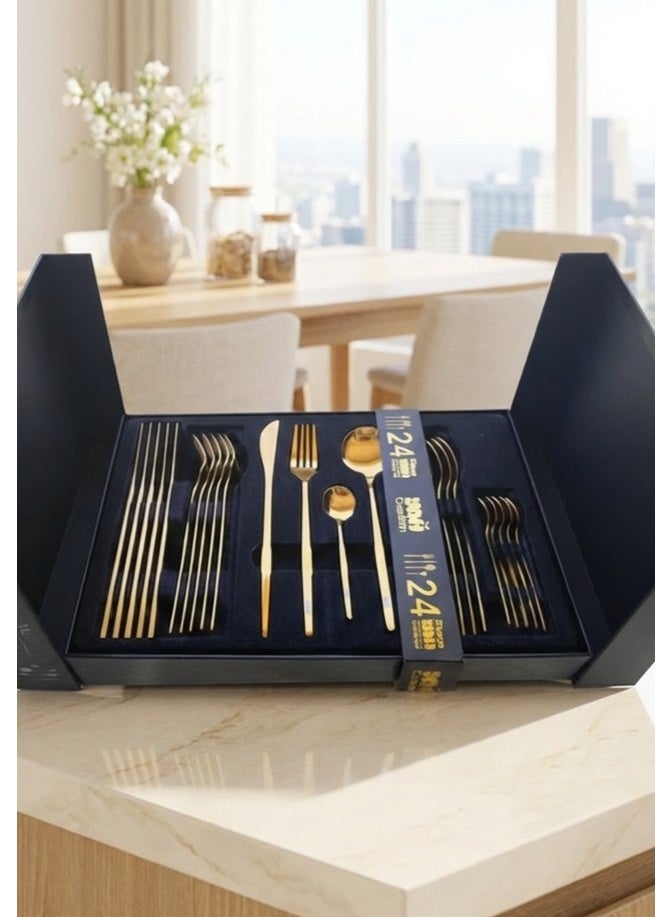 YAH Creation YAH Luxury 24-Piece Golden Stainless Steel Modern Cutlery Set – Mirror-Polished Flatware for Six – World-Class Quality, Ergonomic Design, and Dishwasher-Safe Dinnerware in a Unique Gift Box. - Image 2