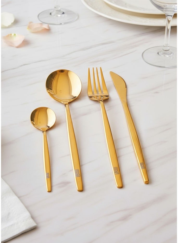 YAH Creation YAH Luxury 24-Piece Golden Stainless Steel Modern Cutlery Set – Mirror-Polished Flatware for Six – World-Class Quality, Ergonomic Design, and Dishwasher-Safe Dinnerware in a Unique Gift Box. - Image 3