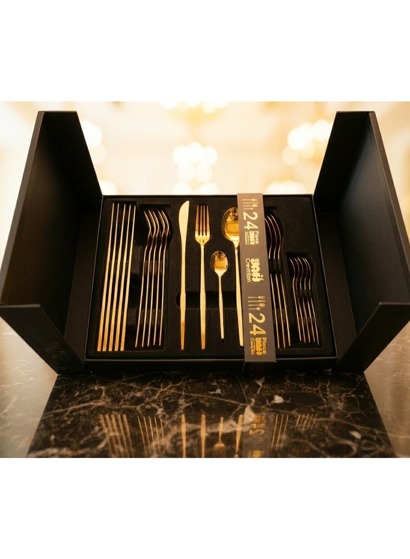 YAH Creation YAH Luxury 24-Piece Golden Stainless Steel Modern Cutlery Set – Mirror-Polished Flatware for Six – World-Class Quality, Ergonomic Design, and Dishwasher-Safe Dinnerware in a Unique Gift Box. - Image 1
