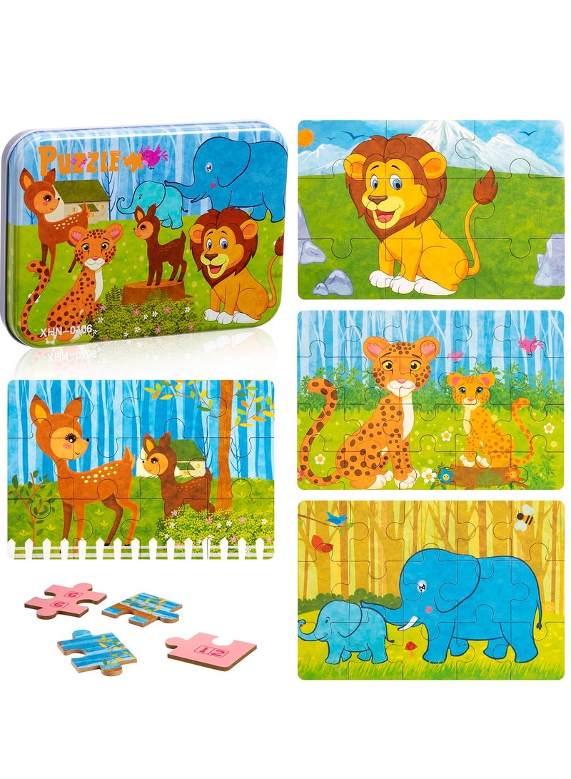 Excefore Wooden Jigsaw Puzzles Toy for Kids, Toddler Animal Puzzle 4 in 1 Metal Box, 4 Themes for Preschool Boy Girl 3 4 5 6 Years Old, Montessori Learning Educational Tool Gift for Christmas Birthday(Lion) - Image 1