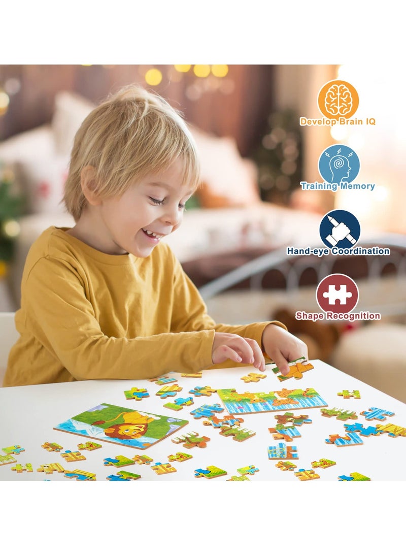 Excefore Wooden Jigsaw Puzzles Toy for Kids, Toddler Animal Puzzle 4 in 1 Metal Box, 4 Themes for Preschool Boy Girl 3 4 5 6 Years Old, Montessori Learning Educational Tool Gift for Christmas Birthday(Lion) - Image 2