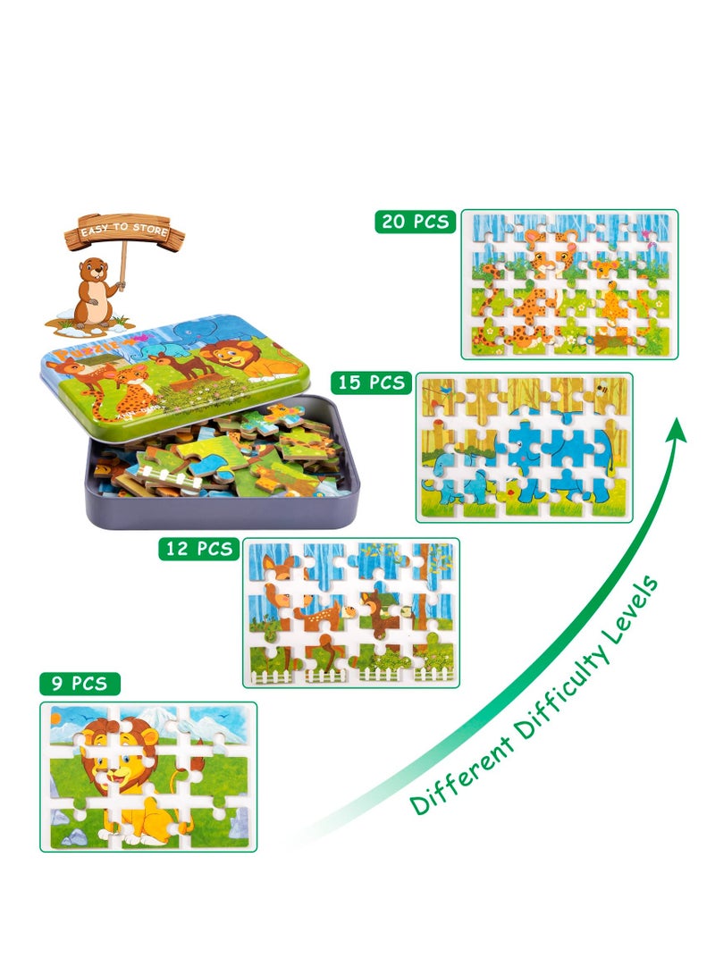 Excefore Wooden Jigsaw Puzzles Toy for Kids, Toddler Animal Puzzle 4 in 1 Metal Box, 4 Themes for Preschool Boy Girl 3 4 5 6 Years Old, Montessori Learning Educational Tool Gift for Christmas Birthday(Lion) - Image 5