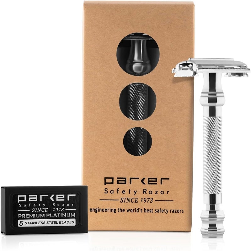 Parker Safety Razor 99R - Long Handle Heavyweight Butterfly Open with 5 Platinum Double Edge Blades - Image 1
