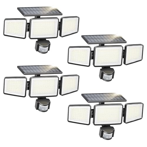 Philips Solar Security Light Outdoor 302 LED 1200lm，Solar-Powered Waterproof Wall-Mounted Flood Light w/PIR Motion Sensor, 3 Heads, IP65 Waterproof, 3 Modes (4 Packs) - Image 1