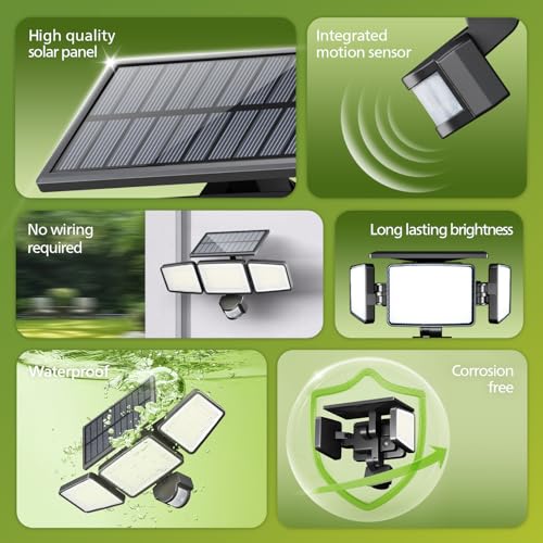 Philips Solar Security Light Outdoor 302 LED 1200lm，Solar-Powered Waterproof Wall-Mounted Flood Light w/PIR Motion Sensor, 3 Heads, IP65 Waterproof, 3 Modes (4 Packs) - Image 2
