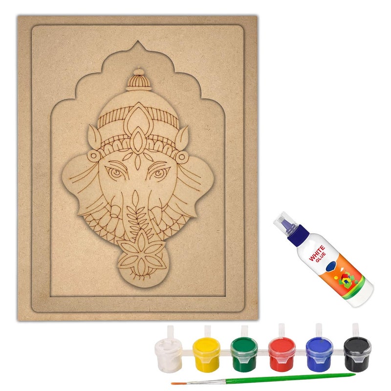 Wrapping Studio MDF Board for Lippan Art - Pre-Marked Lord Ganesha Face Design Cutouts for Craft, Painting, DIY Projects - Eco-Friendly MDF Wood, 30x23 cm, with Colors and Glue - Image 1