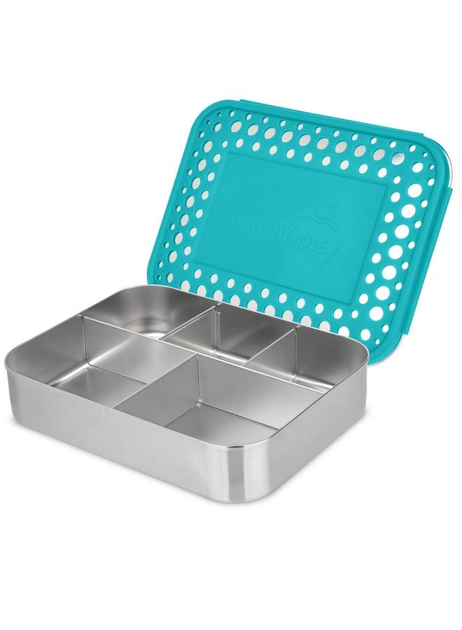 LunchBots Large Cinco Stainless Steel Lunch Container - Five Section Design Holds a Variety of Foods - Metal Bento Box - Dishwasher Safe - Stainless Lid - Aqua Dots - Image 1