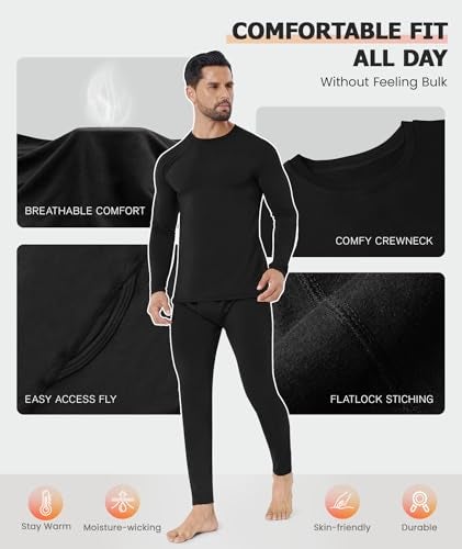 SIMIYA mens Thermal Sets Long Johns Fleece Lined Sleeve Base Layer Top Bottom Underwear, 1pack Set Black, Medium - Image 4