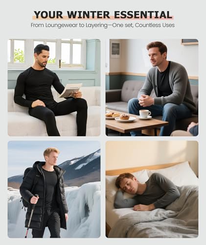 SIMIYA mens Thermal Sets Long Johns Fleece Lined Sleeve Base Layer Top Bottom Underwear, 1pack Set Black, Medium - Image 5