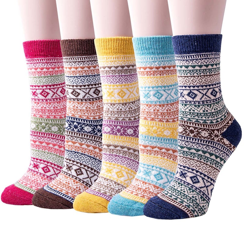 Justay 5 Pairs Wool Socks for Women - Winter Thick Boot Cozy Crew Vintage Soft Calf Knit Warm Socks Gifts - Image 1