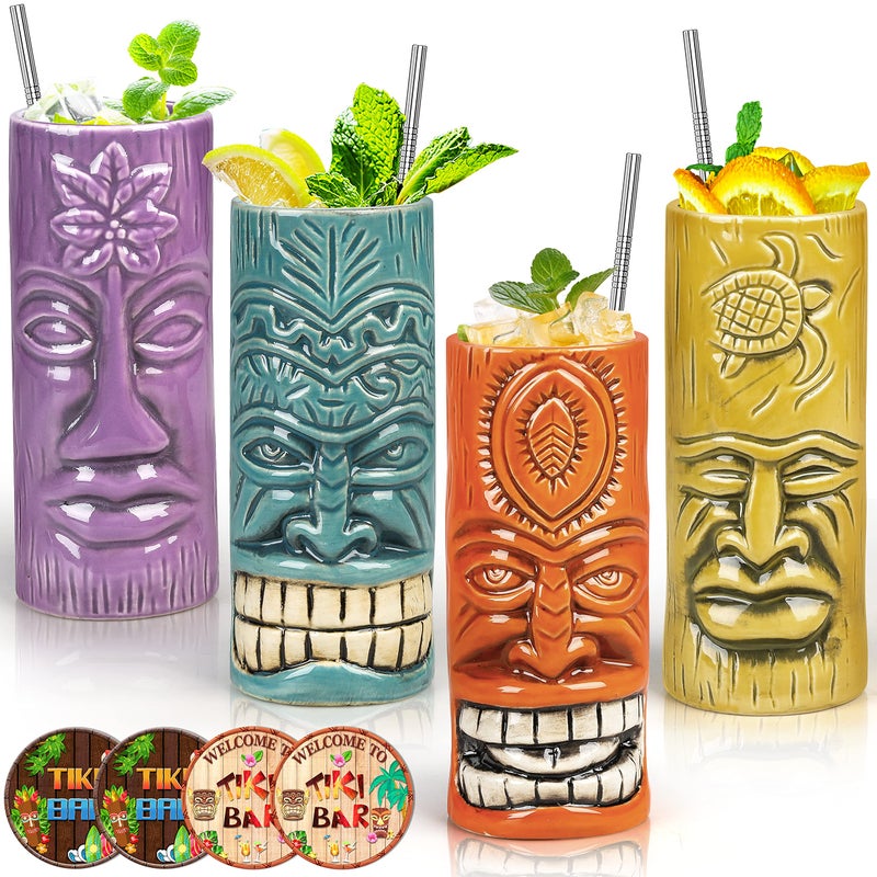 SuproBarware Tiki Mugs Set of 4 Ceramic Hawaiian Party Mugs Large Drinkware Tiki Bar Mugs for Cocktails Tropical Cups Drinks for Exotic Party