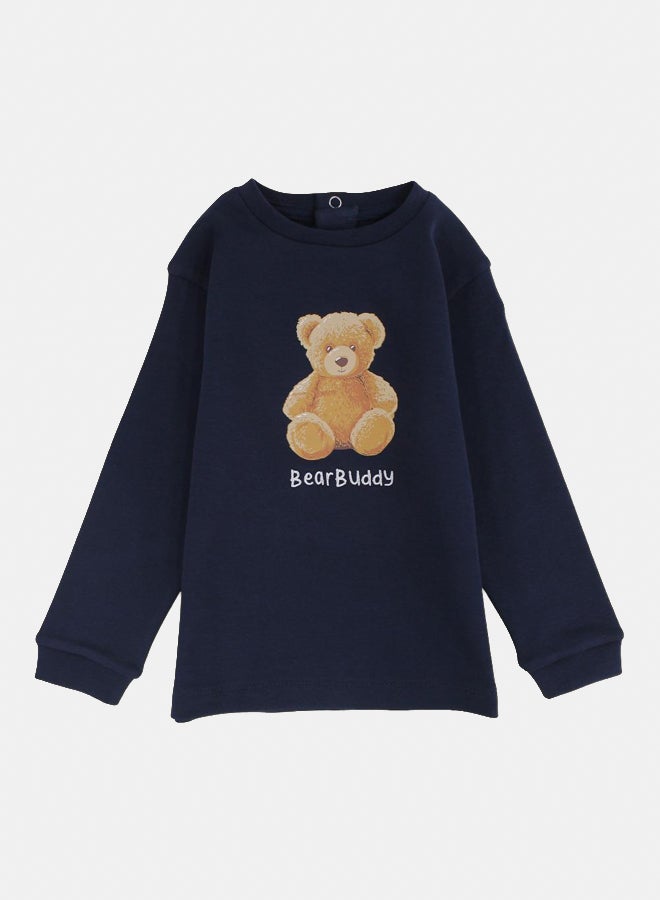 بمبيلو تيشيرت قطني للاولاد الصغار الصغار – كحلي مع طباعة دب - Image 1