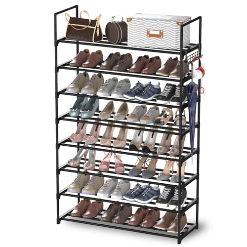 Hsscblet 8 Tiers Metal Shoe RackAdjustable Shoe Shelf Storage Organizer with HooksStackable Boot  Shoe Storagefor EntrywayHallwayClosetBlack