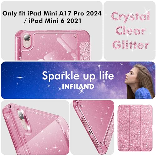 INFILAND for iPad mini 7 Case (A17 Pro), iPad mini 6 Case, iPad mini 7th/6th Generation Case 2024/2021 8.3 Inch, Glitter Cute Protective Clear Cover with Pencil Holder for Kids Girls, Pink - Image 3
