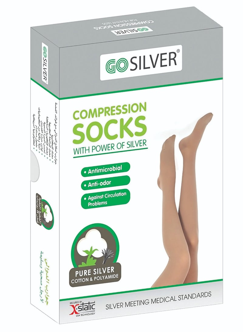 GO SILVER Knee High Compression Socks, Class 3 (34-46 mmHg) Open Toe Flesh - Image 1