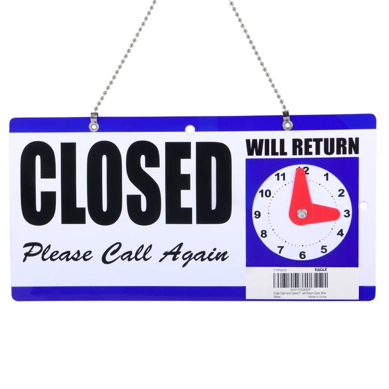 Eagle Open and Closed Sign, Plastic, with Hanging Chain, Dual Sides with “Will Return” Clock, 6X11.5-Inches - Image 2