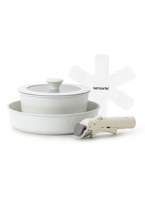 5 Piece Detachable Swiss Granite Coating Cookware Set, Non-Stick, PFOA/PFOS/APEO Free, 1X20Cm Sauce Pan With Lid, 1X26Cm Fry Pan, 1X Removable Handle, 1Xpan Protector, White