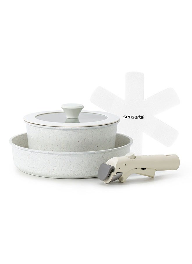 Sensarte - 5 Piece Detachable Swiss Granite Coating Cookware Set, Non-Stick, PFOA/PFOS/APEO Free, 1X20Cm Sauce Pan With Lid, 1X26Cm Fry Pan, 1X Removable Handle, 1Xpan Protector, White - Image 1