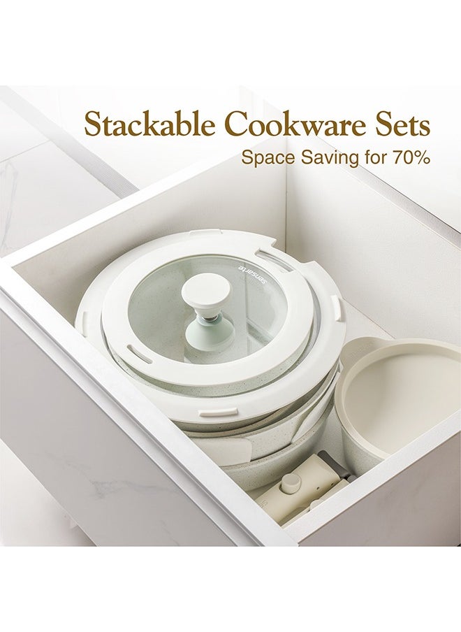 Sensarte - 5 Piece Detachable Swiss Granite Coating Cookware Set, Non-Stick, PFOA/PFOS/APEO Free, 1X20Cm Sauce Pan With Lid, 1X26Cm Fry Pan, 1X Removable Handle, 1Xpan Protector, White - Image 1