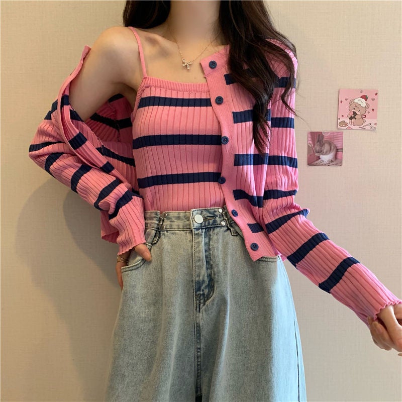 2024 New Korean Style Inner Striped Camisole Autumn Slim-fit Long-sleeved Cardigan Womens Short Top Two-piece Set Pink and blue two-piece set [counter quality]