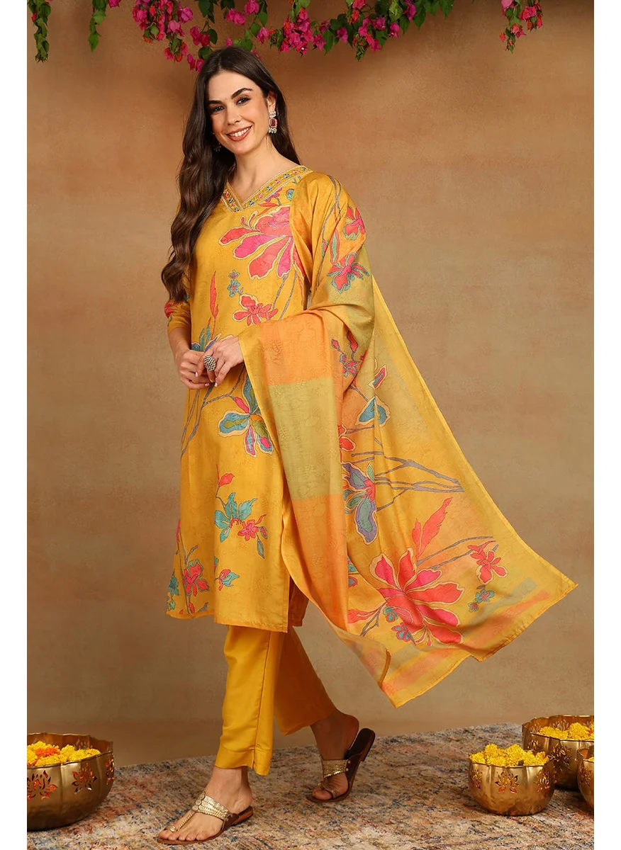 زيري سوق Mustard Yellow Rayon Blend Floral Printed Straight 3-Piece Kurta Set