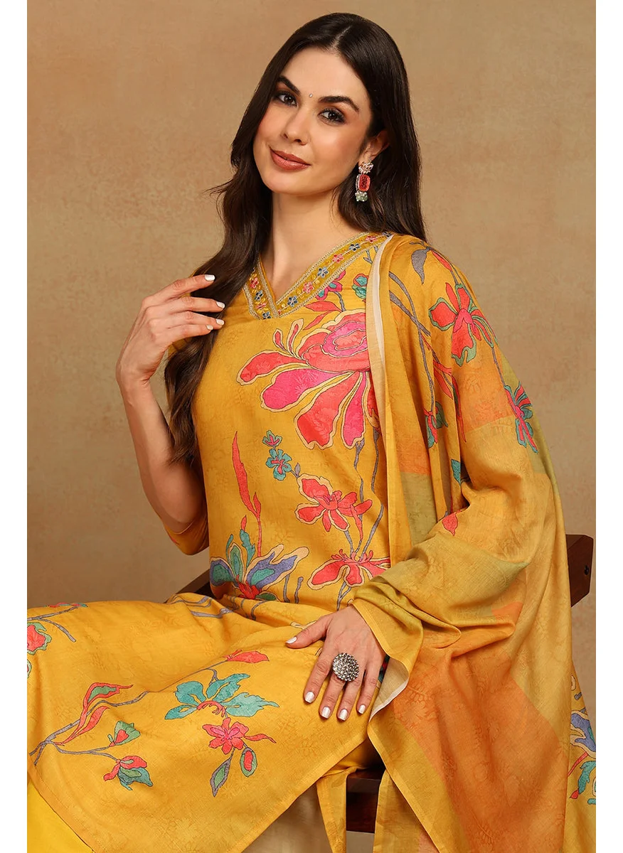 زيري سوق Mustard Yellow Rayon Blend Floral Printed Straight 3-Piece Kurta Set