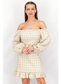 Women Checked Off Shoulder Mini Dress, Beige - pzsku/Z6EC31F2B3BC9D426E693Z/45/_/1726108926/0ccefd32-cebb-4275-811c-f87506859d35