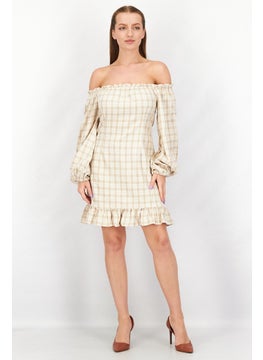 Women Checked Off Shoulder Mini Dress, Beige - pzsku/Z6EC31F2B3BC9D426E693Z/45/_/1740495232/7ac20528-cb21-4d23-992a-f136ee2a98dc