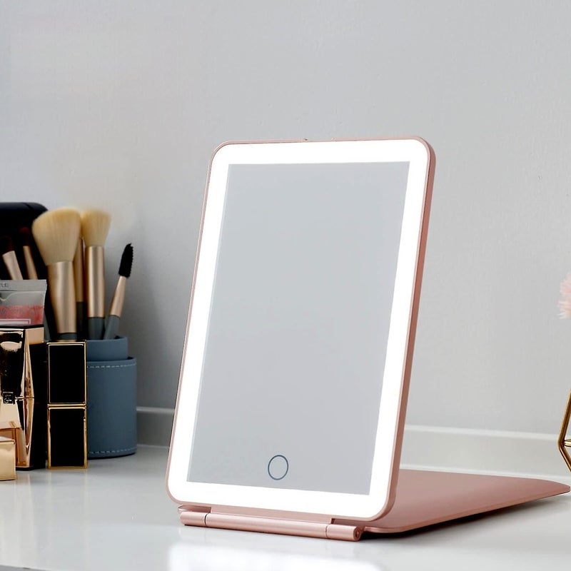 PRIME PICK PRIME PICK Rechargeable Travel Makeup Vanity Mirror with Led Lights Portable Lighted Makeup Beauty Mirror 3 Color Lighting Dimmable Touch Screen Cosmetic Mirror with Lights Pink  - Image 1