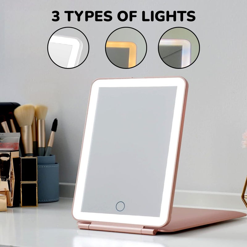 PRIME PICK PRIME PICK Rechargeable Travel Makeup Vanity Mirror with Led Lights Portable Lighted Makeup Beauty Mirror 3 Color Lighting Dimmable Touch Screen Cosmetic Mirror with Lights Pink  - Image 2