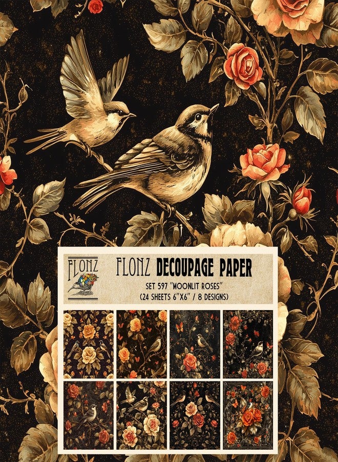 مجموعة ورق ديكوباج (24 ورقة 6 بوصات × 6 بوصات) - ورود ضوء القمر: طيور، فراشات، وورود عتيقة في أناقة زهرية داكنة # ورق بتصميم عتيق للأعمال اليدوية وسجل القصاصات