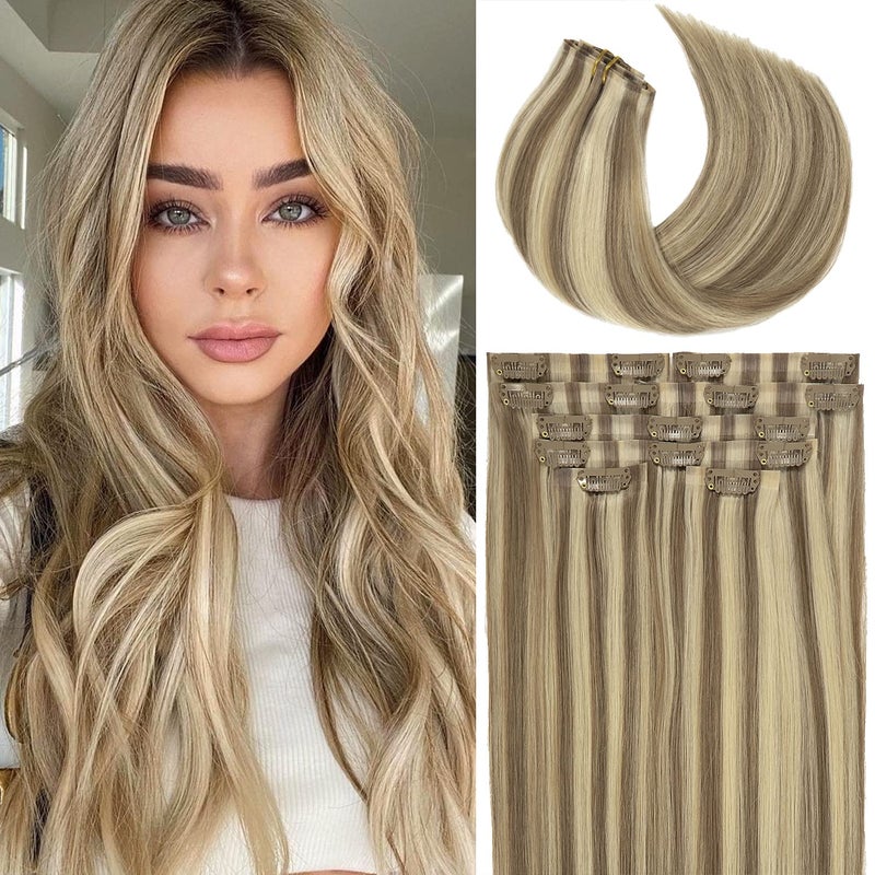 Lacer Hair Highlight Real Hair Extensions Clip in Human Hair New Version Seamless PU Weft Natural Light Brown Mixed Platinum Blonde P860 Clip on Extensions for Fine Thin Hair Women 16 Inch 115g 8Pcs
