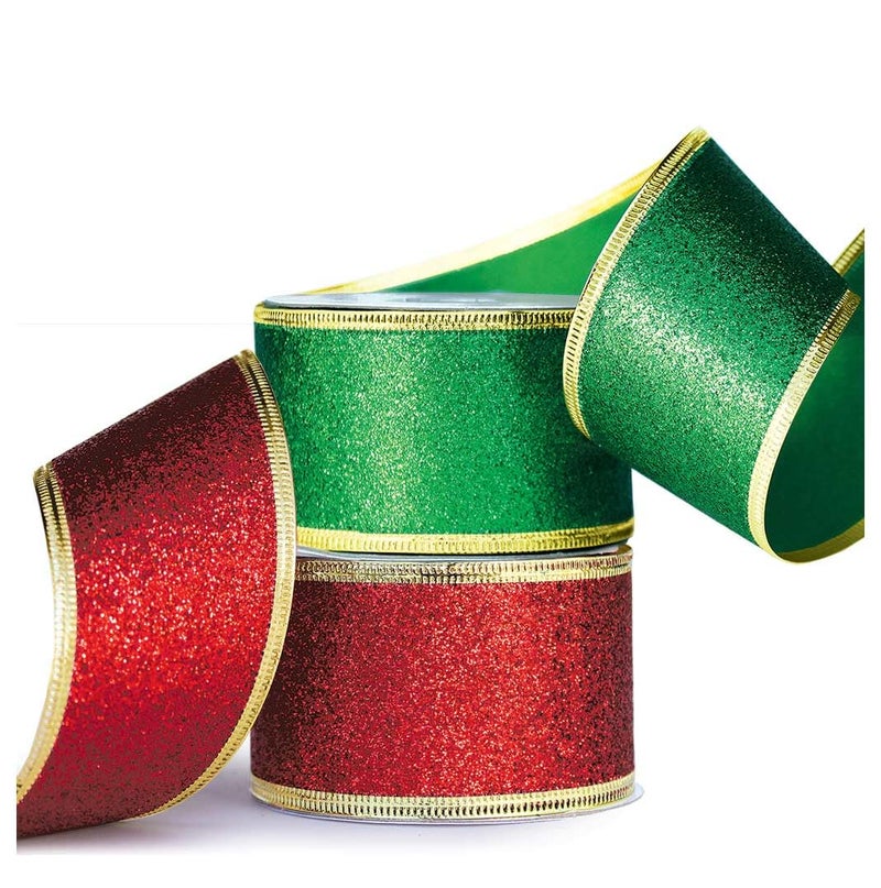 OLYPHAN Festive Metallic Glitter Wired Christmas Ribbons Red  Green 2 Inch Wide x 6 Yards for Gift Wrapping Bows  Decor