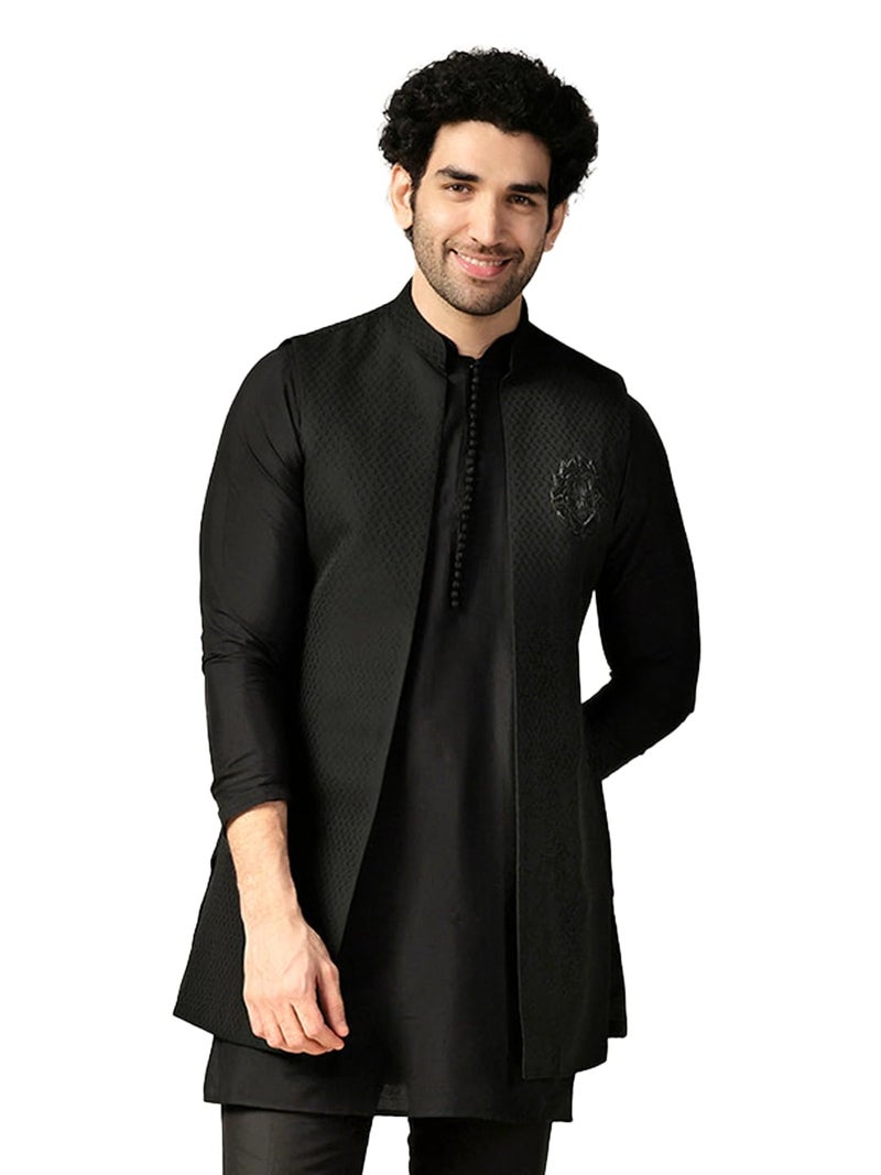KISAH Men's Kurta Jacket Trouser Set, Black Silk Blend Solid, Jacquard Regular Fit Mandarin Collar Long Sleeves (40), Medium/40 - Image 2