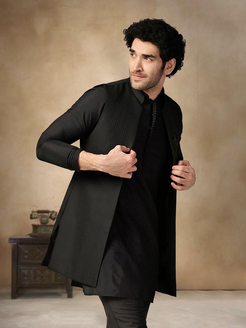 KISAH Men's Kurta Jacket Trouser Set, Black Silk Blend Solid, Jacquard Regular Fit Mandarin Collar Long Sleeves (40), Medium/40 - Image 5
