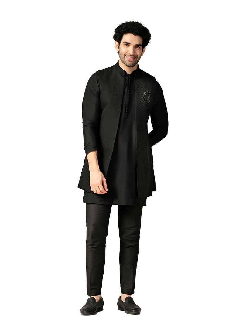 KISAH Men's Kurta Jacket Trouser Set, Black Silk Blend Solid, Jacquard Regular Fit Mandarin Collar Long Sleeves (40), Medium/40 - Image 1