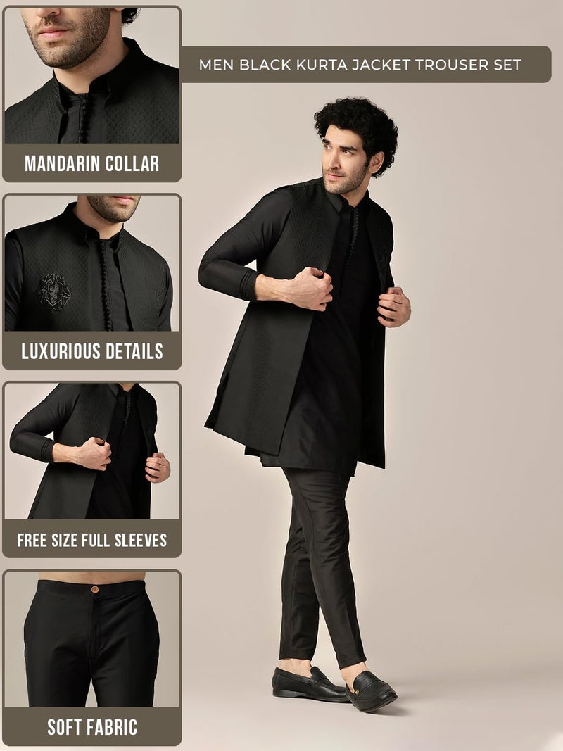 KISAH Men's Kurta Jacket Trouser Set, Black Silk Blend Solid, Jacquard Regular Fit Mandarin Collar Long Sleeves (40), Medium/40 - Image 3