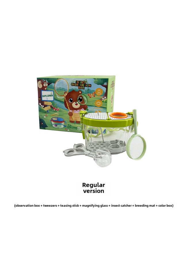 Children's Educational Outdoor Toy Large Magnifying Glass Insect Catcher Collector Caterpillar Observation Box Transparent-Color:Orange Green (observation Box Tweezers Tease Stick Magnifying Glass Insect Catching Clip Feeding Mat Color Box) - Image 1