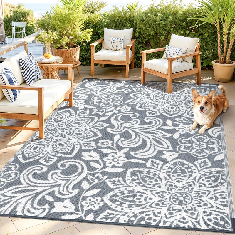 Findosom Waterproof Outdoor Rug 5' x 8' - Reversible Mandala Outdoor Plastic Straw Rug, Durable Foldable Patio Rug for RV, Deck, Balcony, Backyard, Picnic, Porch, Camping, Beach, Gray - Image 1