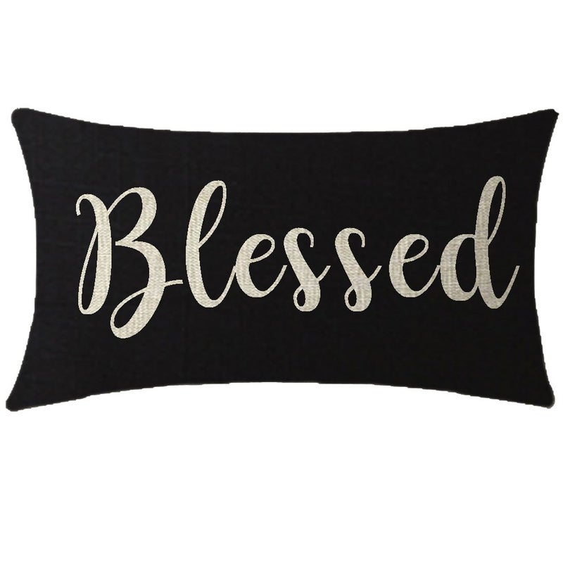 NIDITW Nice Gift Inspirational Blessed Letters Words Waist Lumbar Black Cotton Linen Throw pillow case Cushion cover for Sofa home decorative Oblong 12x20 Inches - Image 1