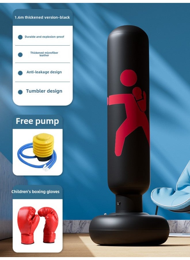 Children's Tumbler Boxing Column Sandbag Inflatable Sandbag Sanda Household Vertical Kids Toy Boxing Training Cool-Color:Upgraded Thickened And Durable Leather [1.6m Black] Comes With Air Pump + Children's Boxing Gloves  - Image 1