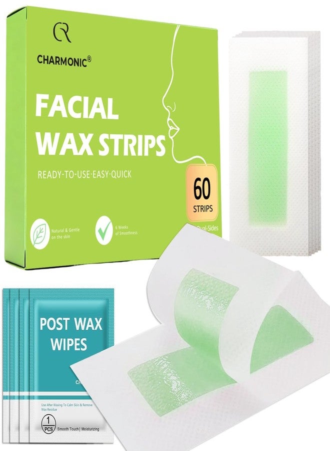 Charmonic Facial Wax Strips 60 Pcs, Facial Hair Removal for Women, Waxing Strips for Face Eyebrow Upper Lip Cheek Hair Remover, Quick & Painless At Home Waxing Kit for All Skin Types with 6 Pcs Wax Wipes(Green) - Image 1