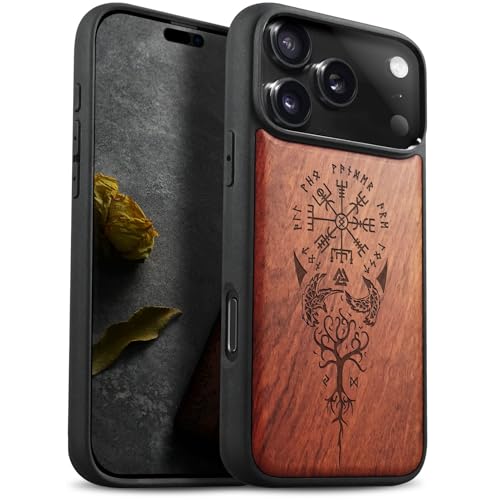 Carveit Magnetic Wooden Case for iPhone 17 Pro Case Wood Artisan Engraved Black Soft TPU Shockproof Cover Compatible with MagSafe Wireless Chargers The Guiding Vegvisir Rosy - Image 1
