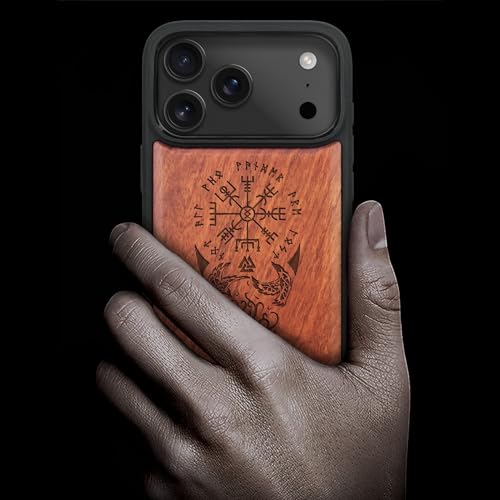Carveit Magnetic Wooden Case for iPhone 17 Pro Case Wood Artisan Engraved Black Soft TPU Shockproof Cover Compatible with MagSafe Wireless Chargers The Guiding Vegvisir Rosy - Image 3