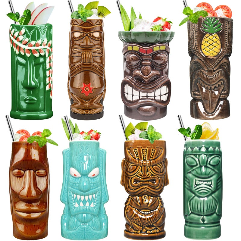 SuproBarware Tiki Mugs Set of 8  Ceramic Hawaiian Party Drinkware Tiki Bar Mugs for Cocktails Premium Tropical Cups Drinks for Exotic Party