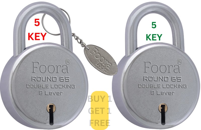 Foora Lock and Keys Door Lock for Home - Round 65 Pack of 2 Padlock with 5 Keys and Key Chain, 8 Lever Double Locking for Gate, Shop Shutter, Silver Finish - Image 1