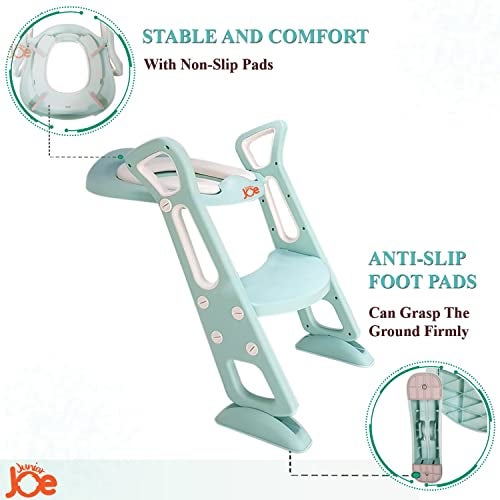 JUNIOR JOE Acrylonitrile Butadiene Styrene Foldable Potty Training Seat Chair With Handrails, Non-Slip Toilet Potty Stand And Ladder For Kids (Light Green) - Image 5