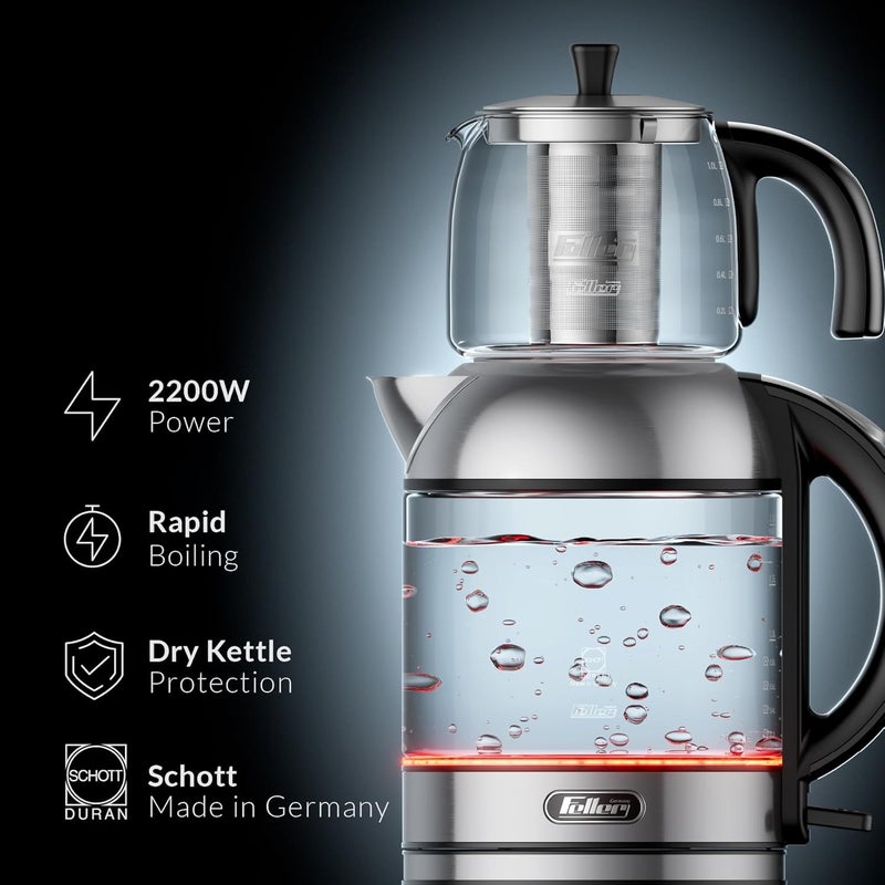Feller Germany TS289 2-in-1 Tea Maker, 2L German Schott Glass Kettle + 1L Teapot, 2200W Strix Control, Keep Warm, BPA Free, Stainless Steel Filter (Stainless Steel) - 2Y Guarantee-KSA Version - Image 2