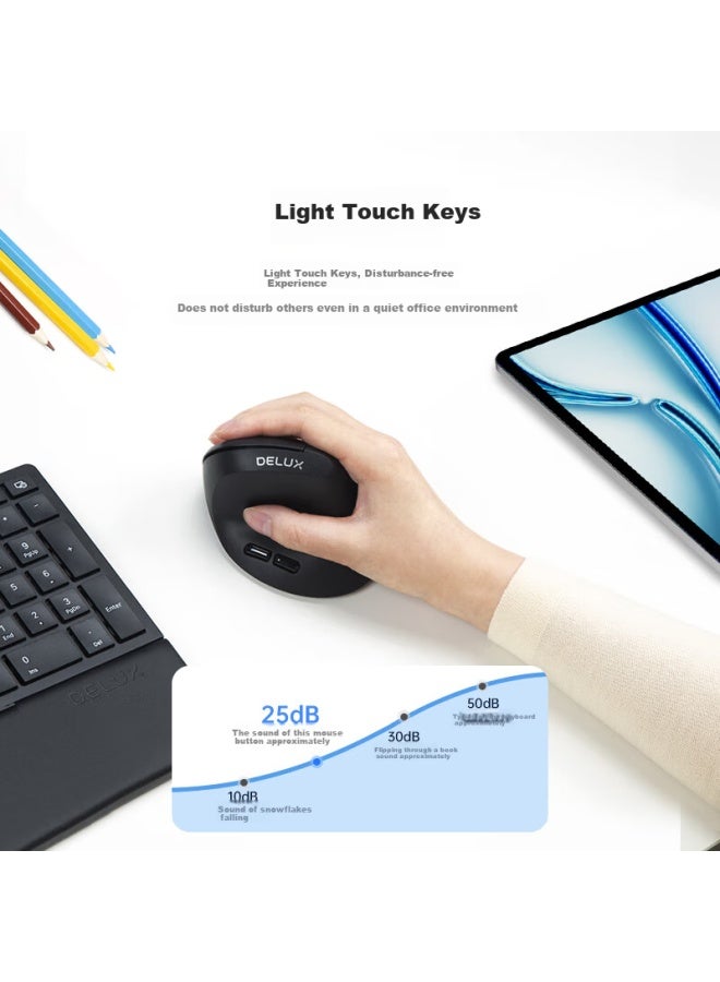 ديلوكس Delux M618air Gx ماوس عمودي لاسلكي مريح خفيف الوزن، ماوس مكتبي هادئ للكمبيوتر والكمبيوتر المحمول، عالمي، وقت استعداد فائق الطول، أسود - Image 1